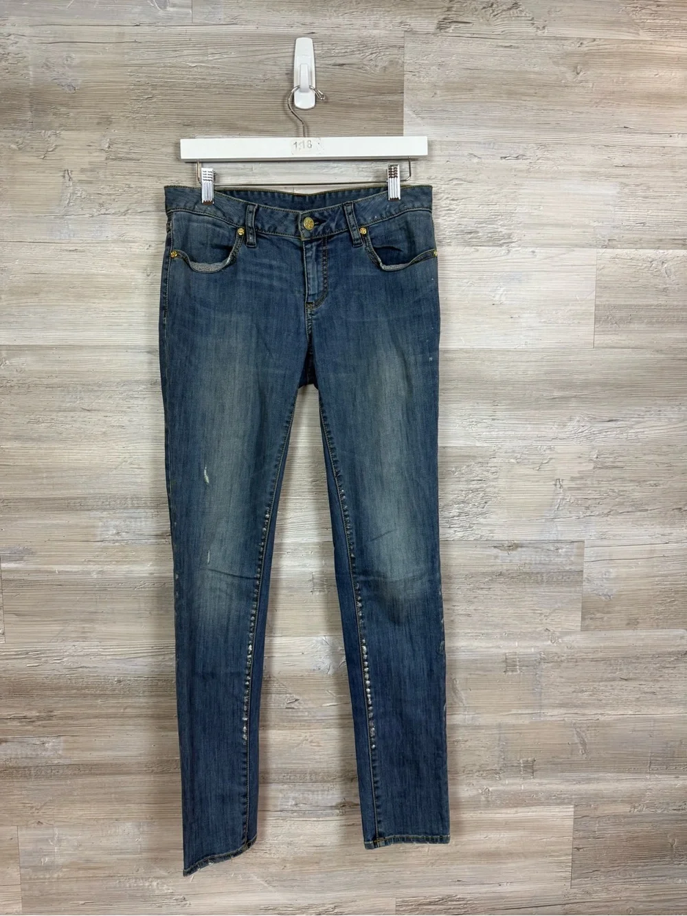 Tory Burch Legging Jeans Size 28 Medium Wash Studded Paint Splatter Denim